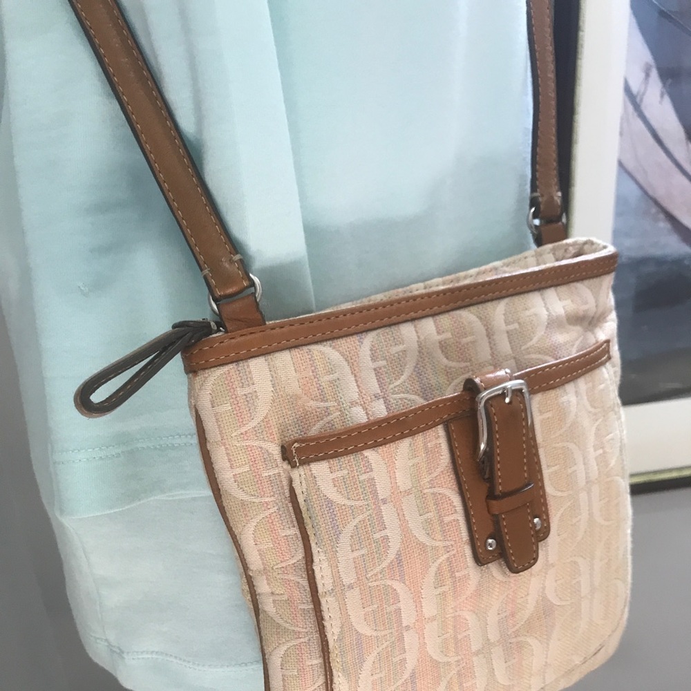 FOSSIL Crossbody Bag Hippie “BoHo" Pink Beige Pastel Fabric Tan leather Trim